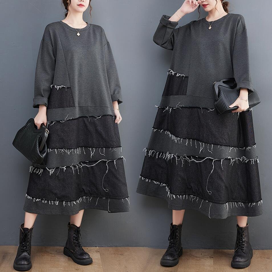 Fサイズ■秋冬新品 カジュアル ゆったり 大きいサイズ デニムロングワンピース 長袖 体型カバー マキシワンピース★拍卖