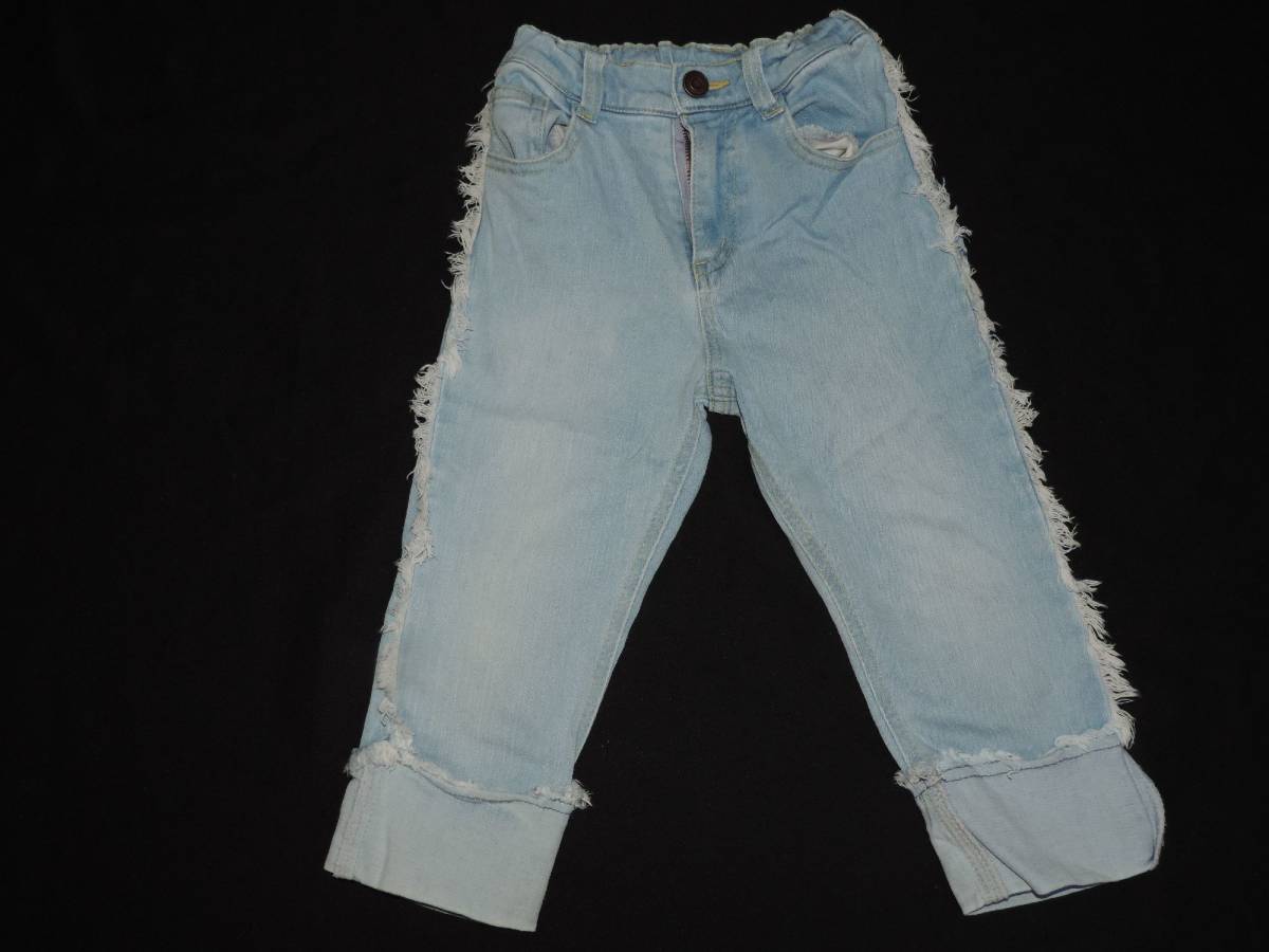 ♪petit mainのサイドフリンジ風裾折り返しデザインデニムパンツ☆110センチ☆拍卖