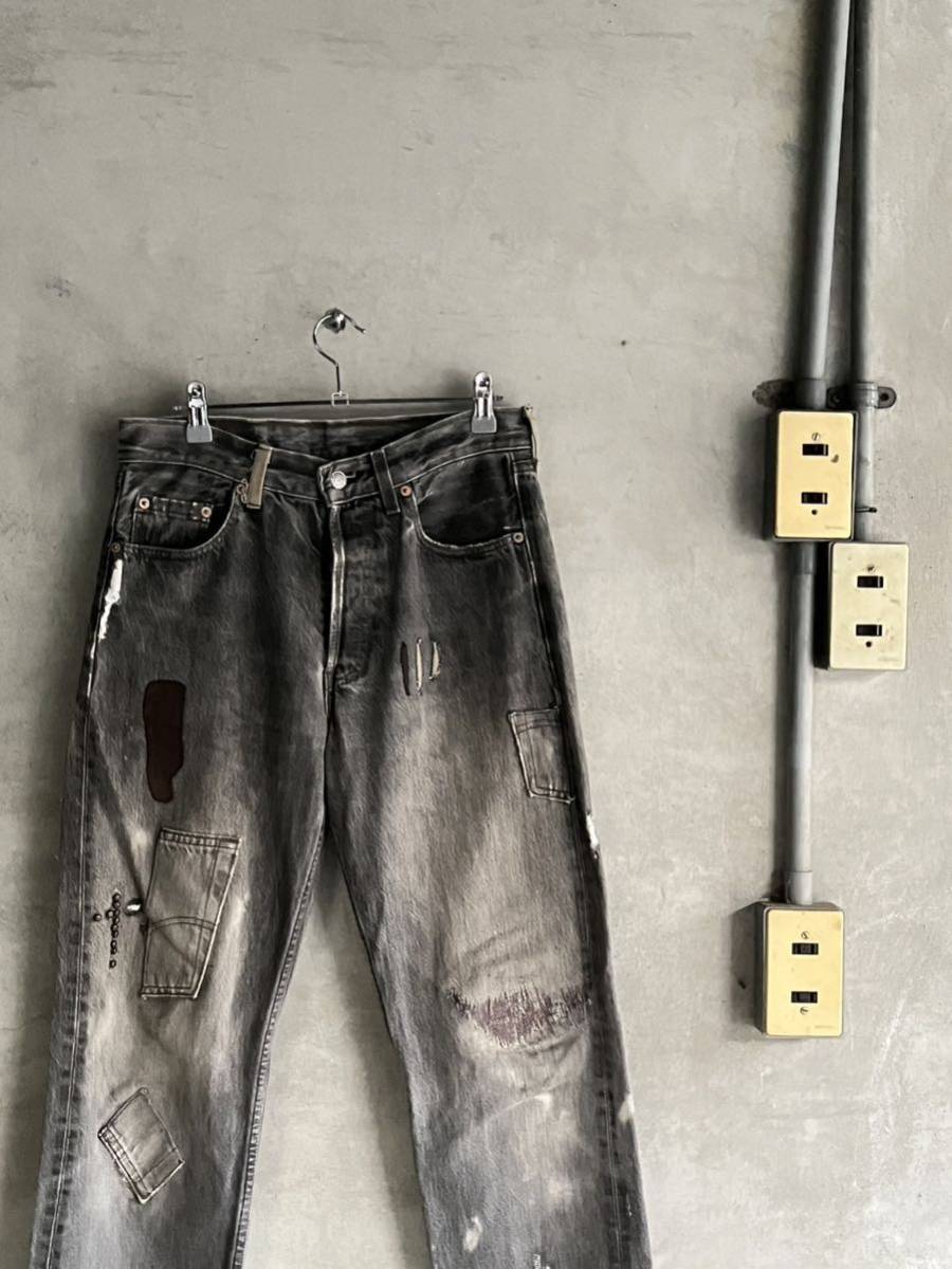 90s 90年代 93年 ビンテージ UK イギリス ユーロ リーバイス 501 levis カスタム クラッシュ デニム レザー スタッズ リメイク 古着USA拍卖