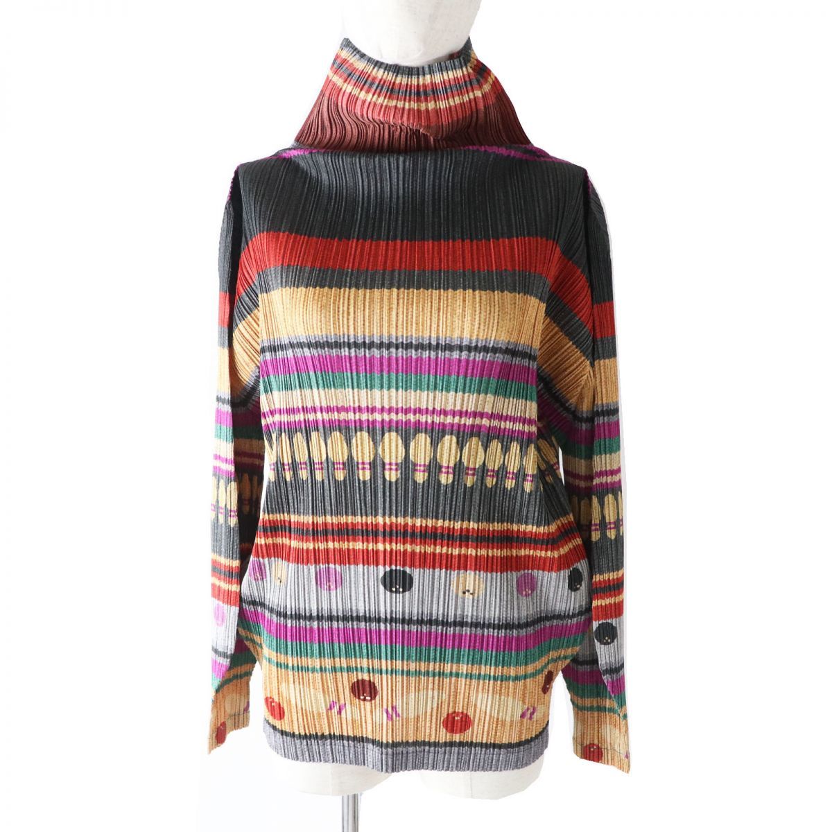 極美品◎正規品 希少 PLEATS PLEASE プリーツプリーズ PP73-JK652 レディース 長袖 ハイネック プリーツトップス ボーリング柄 マルチ 3拍卖