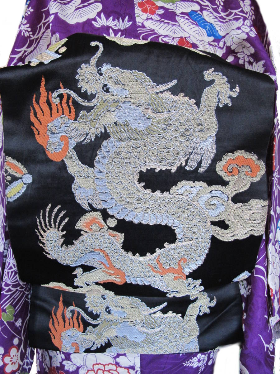 昇龍のアンティーク 袋名古屋帯 黒×金銀拍卖