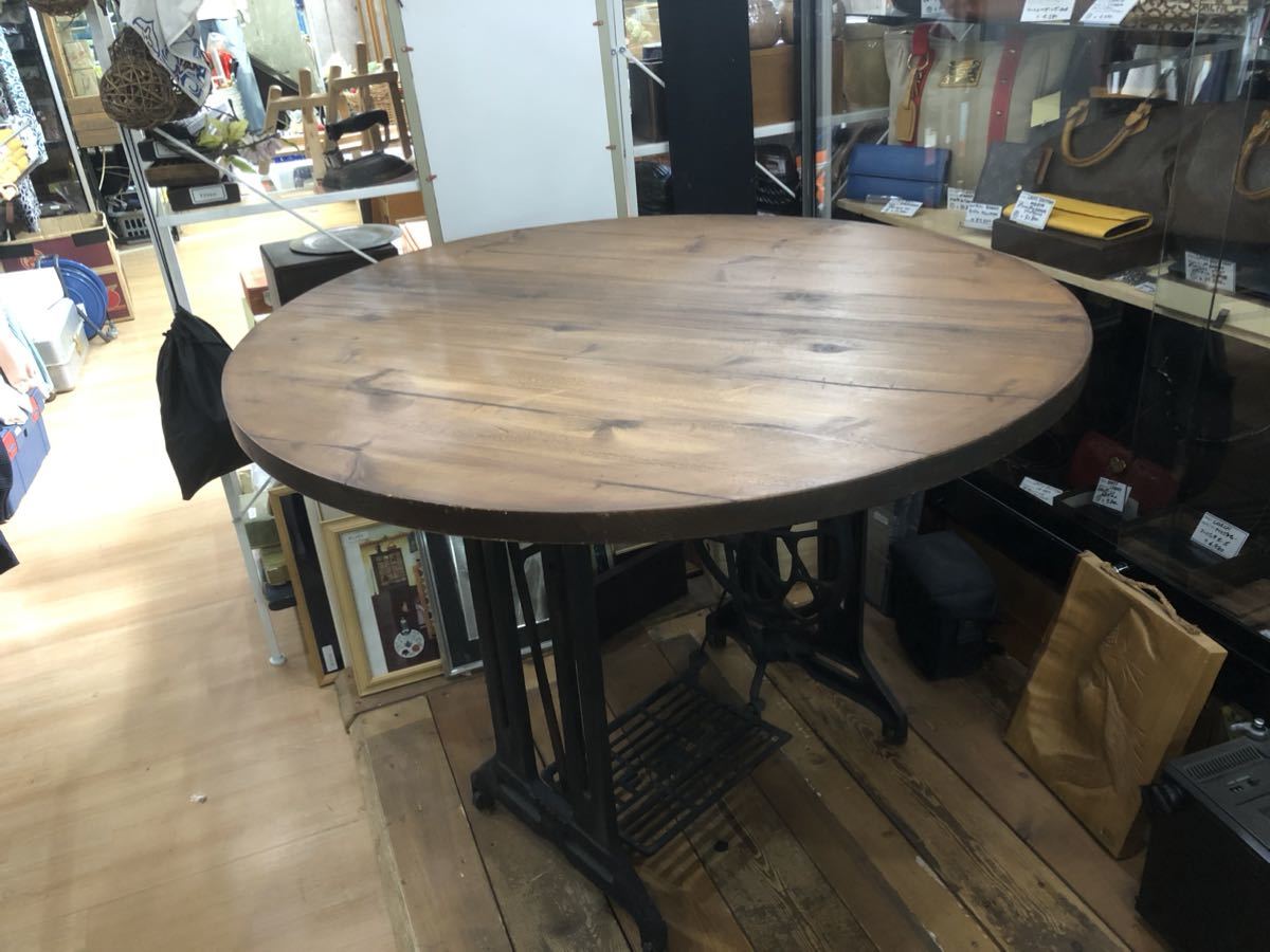 アンティーク ミシン リメイク ラウンドテーブル ウッド天板 リメイク家具 丸テーブル ダイニング 約4人掛け DIY拍卖