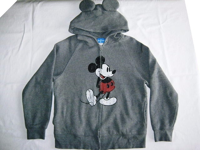 ★古着 東京ディズニーリゾート限定 ミッキーマウス 耳付きフード フルシップ スウェットパーカー M グレー かすれ加工プリント 裏起毛★拍卖