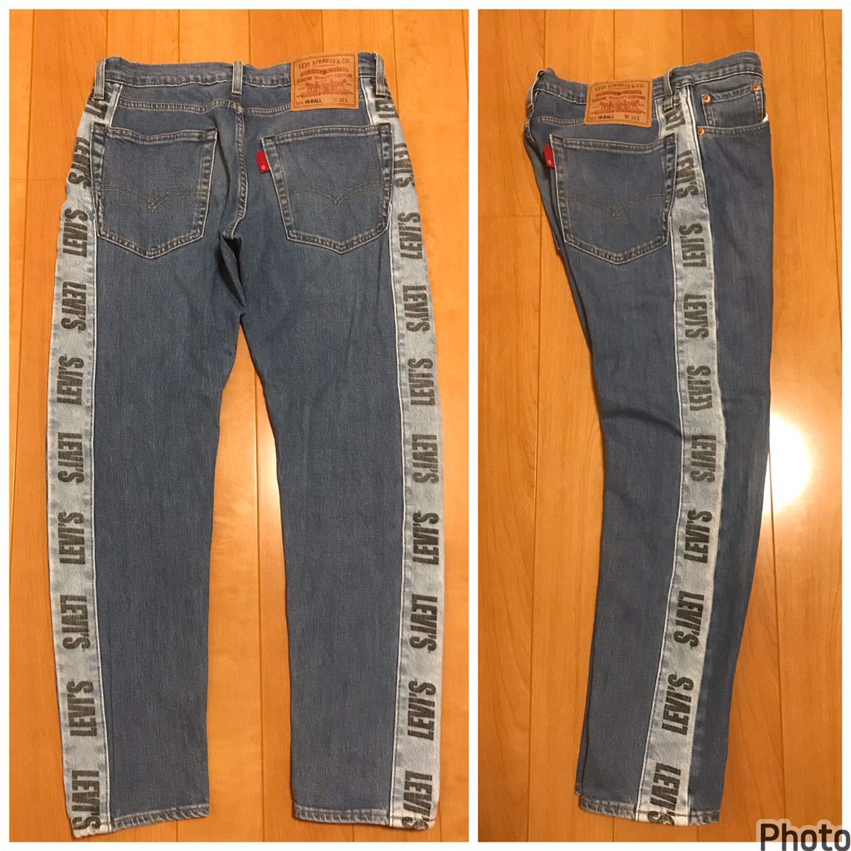 廃番品☆LEVI'S/リーバイス59434.0000PREMIUM-HiBall W30 希少!サイドBIGE!ロゴ切替ライン入テーパードストレッチデニムパンツ 脇割り耳拍卖