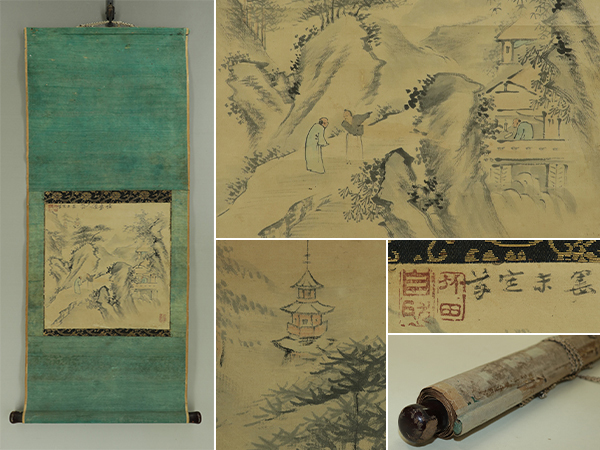 【真作】田能村竹田【淡彩山水図】◆紙本◆合箱◆掛軸 v12229拍卖
