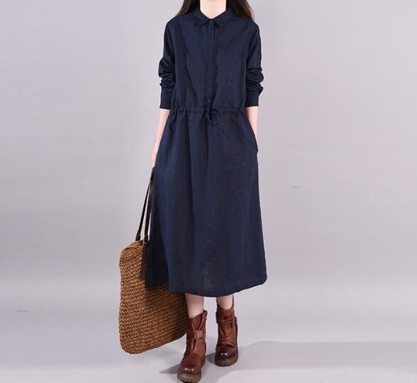 cjx1170★ 新品  無地 ポケット カジュアル 綿麻 ゆったり 体型カバー 長袖 ロングシャツワンピース  ネイビー拍卖