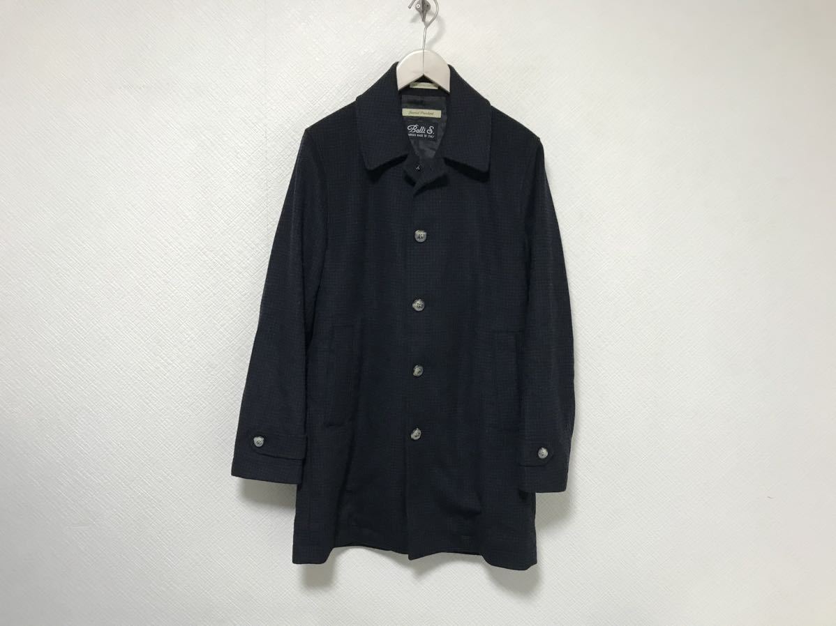 美品本物ジャーナルスタンダードJOUNALSTANDARDウールチェック柄ロング丈ステンカラーコートジャケットビジネススーツメンズS紺ネイビー拍卖