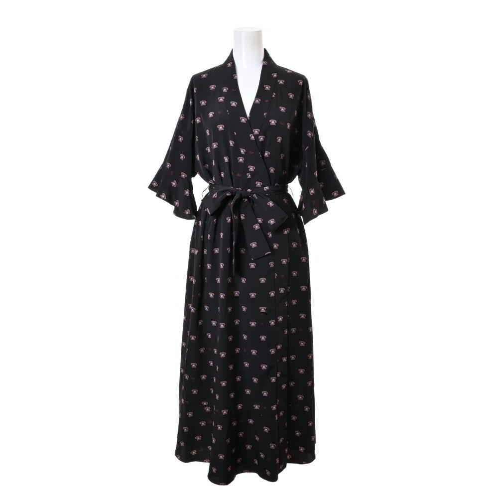 MUVEIL 電話柄 ベルト付き ロング ワンピース 36 ブラック ミュベール KL4BKUCS17拍卖