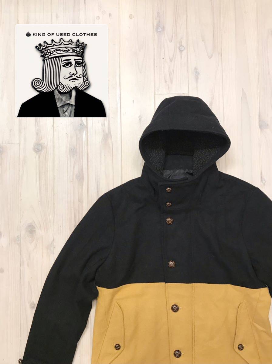 RAGEBLUE レイジブルー バイカラーフードコート Lサイズ コート ブラック ウール フリース フード メルトン ブランケット ユーズド 古着拍卖