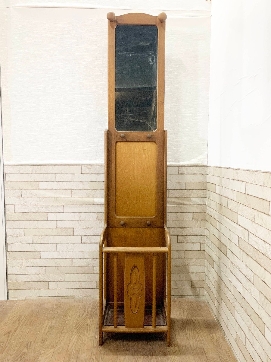 傘立て コートハンガー 帽子掛け 鏡付 木製 ハンガーラック アンブレラスタンド モダン ヴィンテージ アンティーク (畑237)拍卖