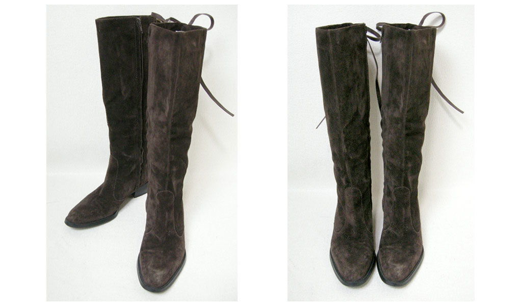 ■Theory【セオリー】こげ茶 ヌバックレザー バック編み込みデザイン ロングブーツ 37(23.5cm相当)■拍卖