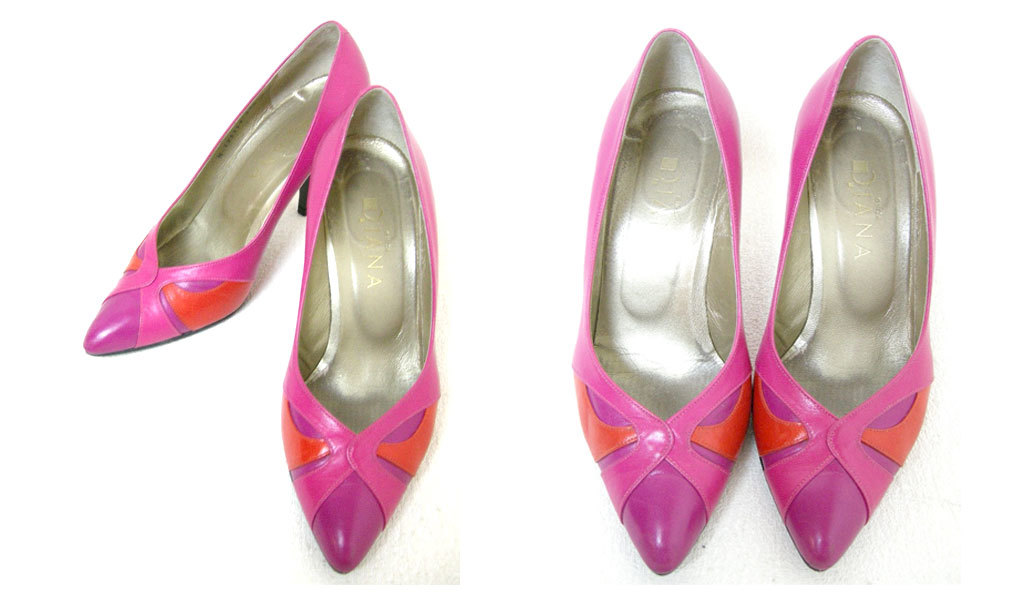 ■DIANA【ダイアナ】ショッキングピンク レザー デザイン パンプス 23.5cm■拍卖