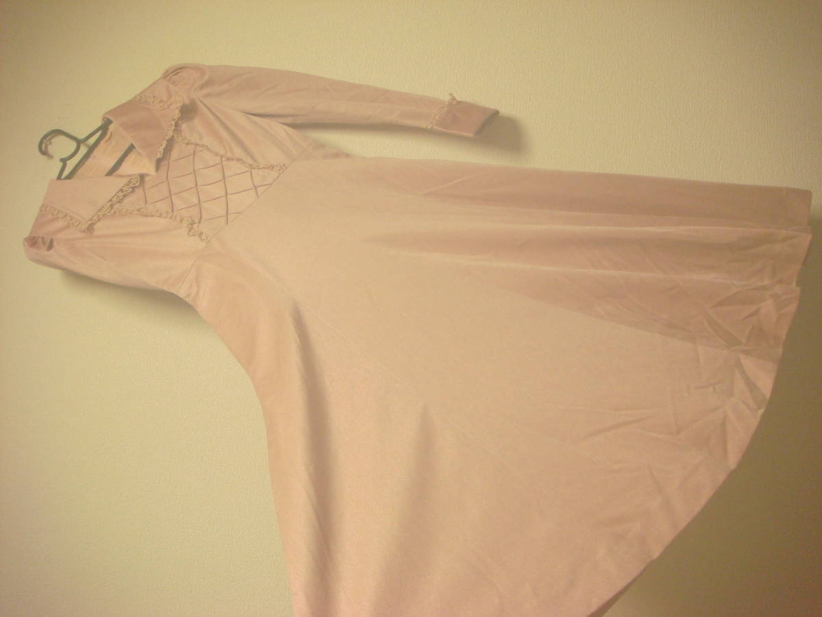 昭和レトロ レースデザイン ロング フレア ワンピース サーモンピンク 良品 S~Mくらい拍卖