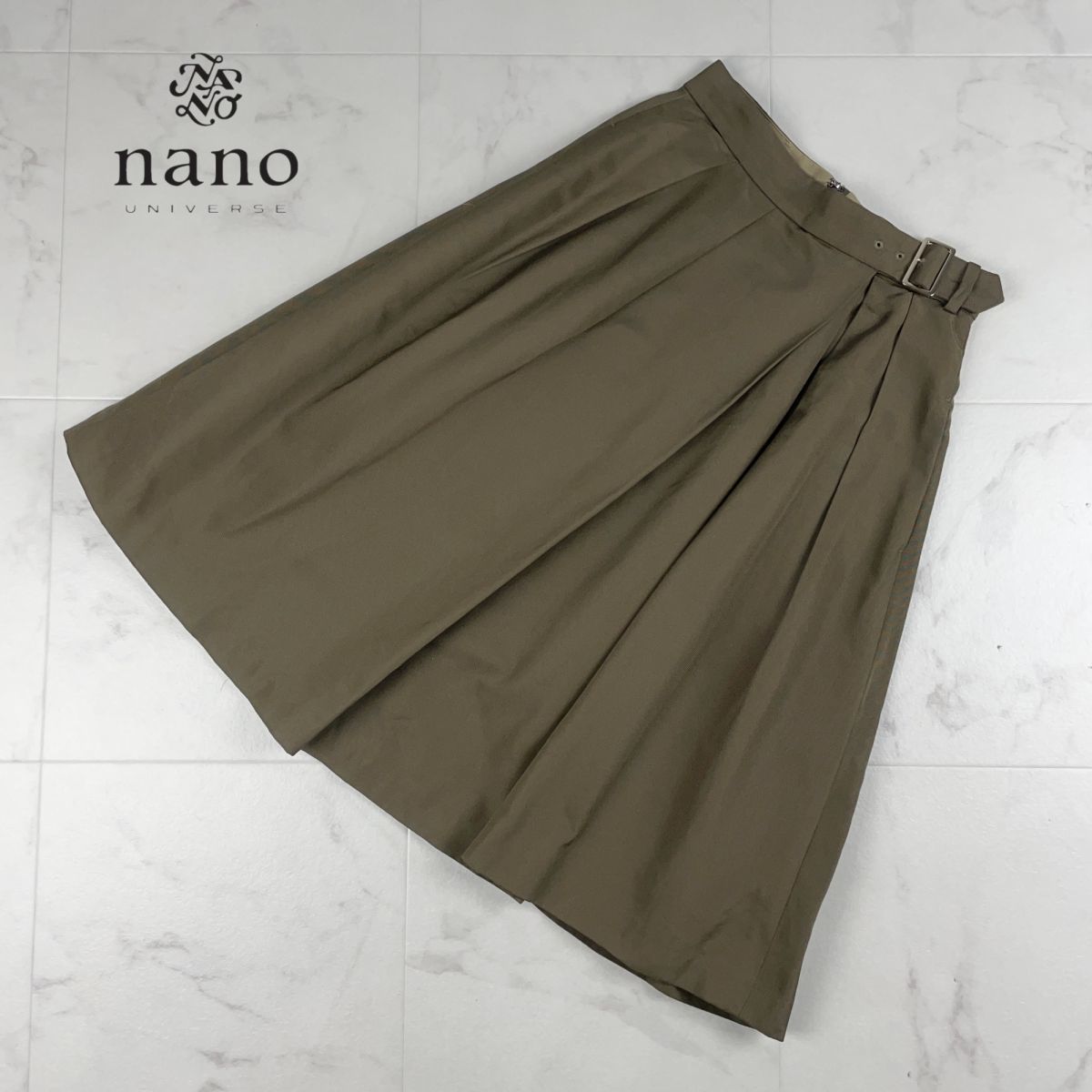 美品 nano・universe ナノユニバース タックフレアスカート ベルト付き レディース 膝丈 裏地あり カーキ サイズ36*JC516拍卖