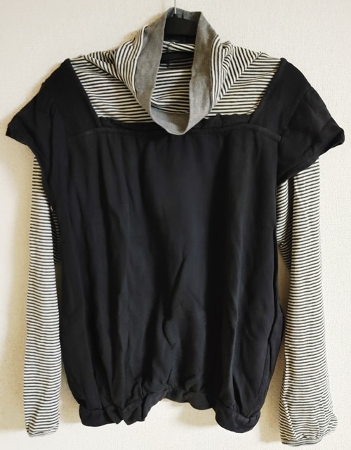 LLサイズ VILLAND 長袖 カットソー ルーズネック 重ね着風 黒×ボーダー×グレー拍卖