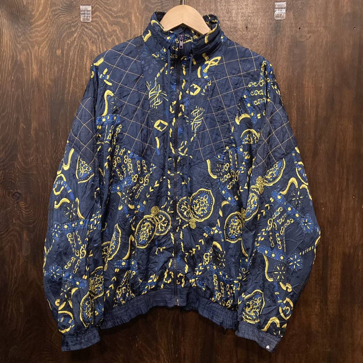 USA古着 90s スタンドカラー 総柄ブルゾン 総柄ジャケット 紺 総柄 Lサイズ LAUREN BROOKE拍卖