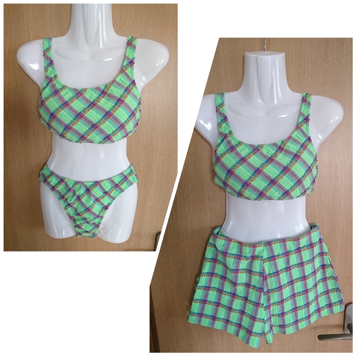 ☆NON NUIT☆黄緑系チェック柄のビキニ3点セット☆ショートパンツ付き☆サイズ11L☆日本製☆(株)シーズン☆拍卖