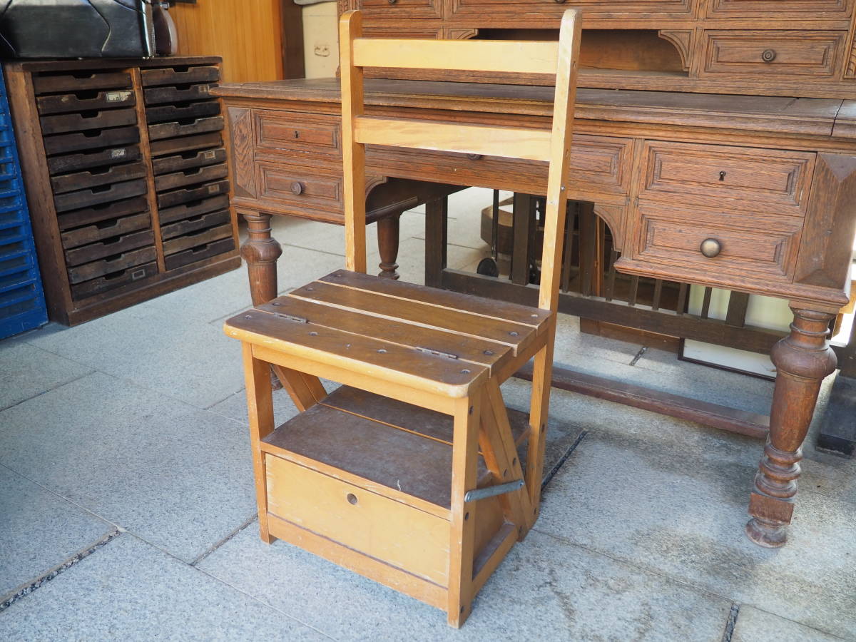 【折り畳み式木製ラダーチェア】古道具アンティーク骨董インテリア脚立インダストリアル椅子ベンチガーデニングリビングダイニングテーブル拍卖