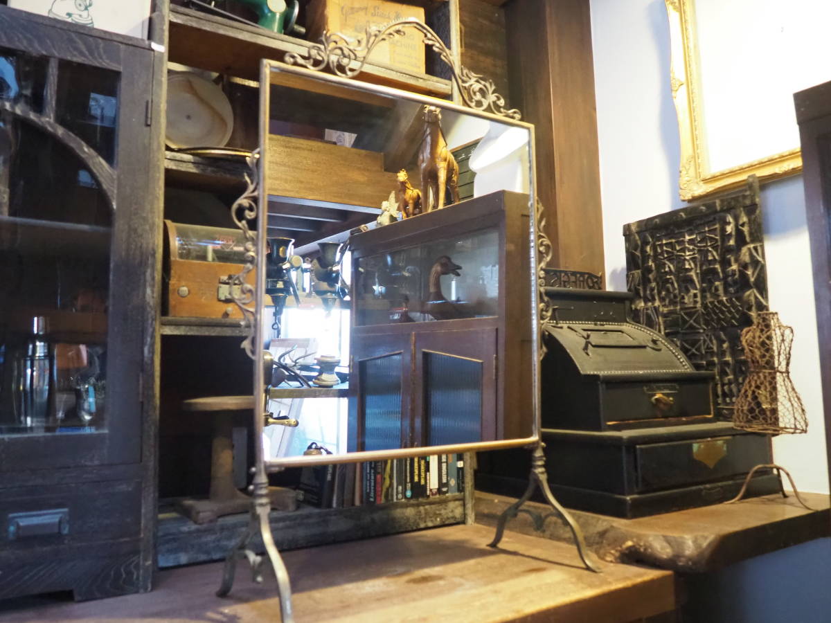 【フランス蚤の市鏡付きファイヤースクリーン】英国アンティーク古道具薪ストーブ暖炉インテリア骨董インダストリアル衝立真鍮ミラー拍卖