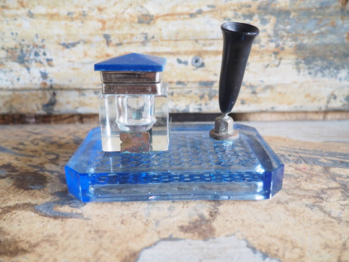 【古いガラス製のインク壺】ペン立て昭和レトロインテリア卓上アンティーク古道具デスクインク瓶ドライフラワー万年筆インダストリアル文具拍卖