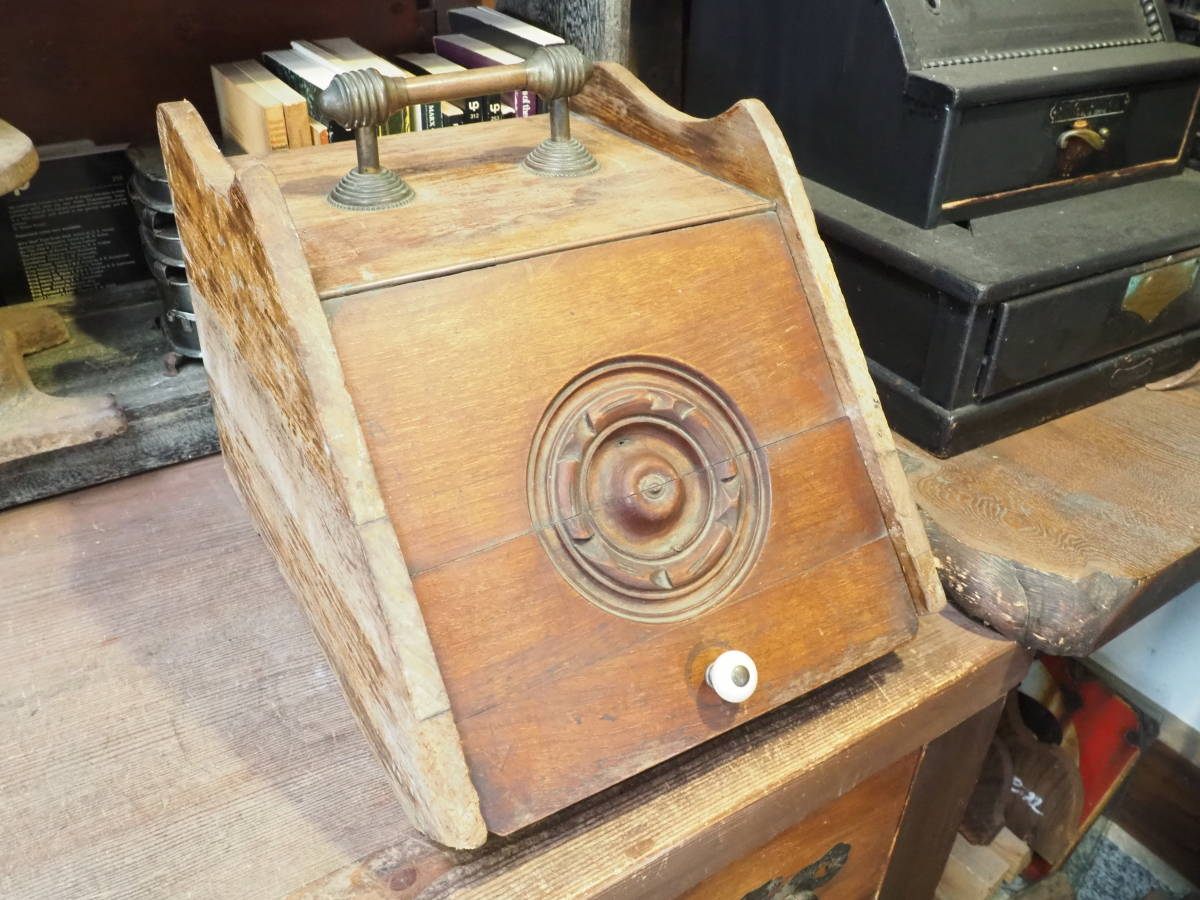 【フランス蚤の市石炭バケツ】英国アンティークコークス木製オールドチークチャコールBOX無垢材アイアン薪ストーブ暖古道具インテリア骨董拍卖