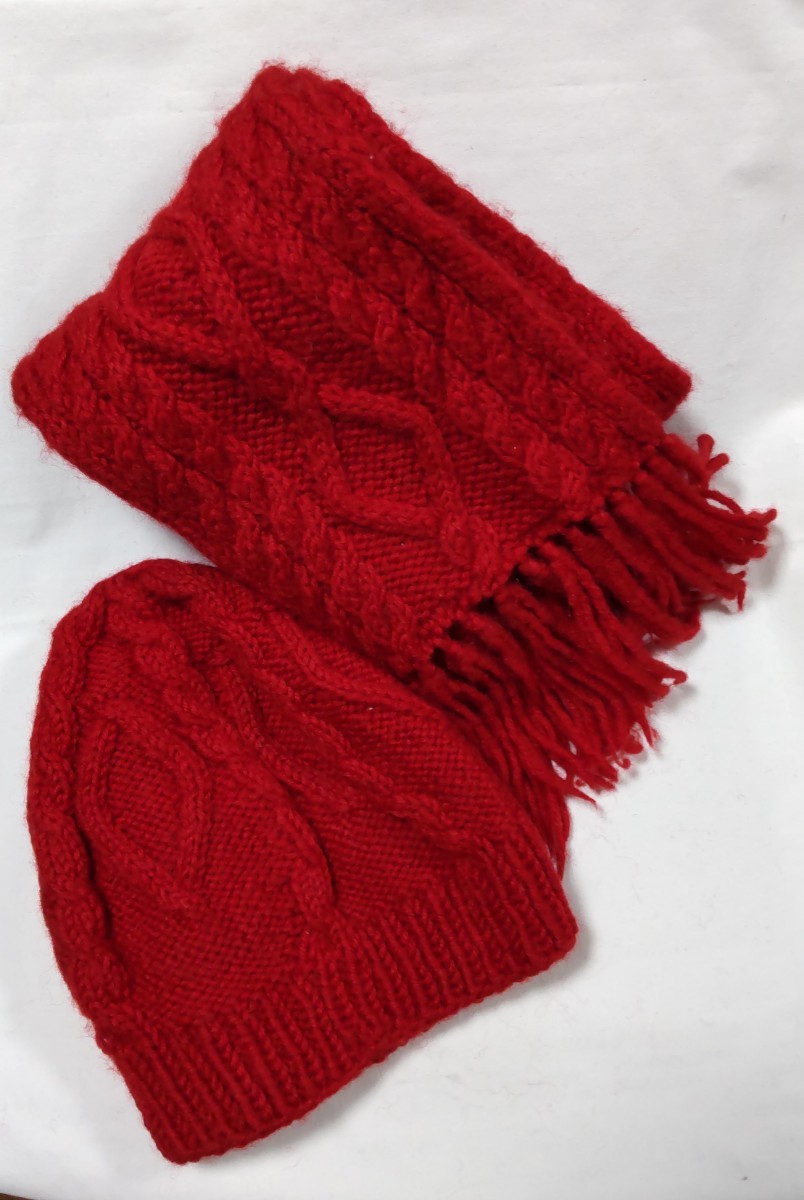 中古ハンドメイド手編みマフラー&ニット帽子セット拍卖