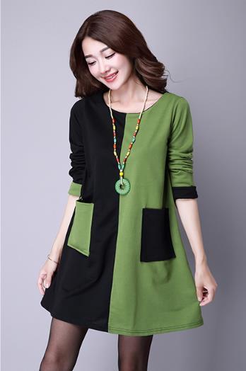 送料無料★即納 新品 スタイリッシュ バイカラー 大きめポケット キュート 長袖 ワンピース★M拍卖