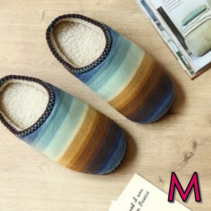 送料無料★即納 新品 防寒 ボア もこもこ ストライプ 暖かい ルームシューズ 保温 可愛い 室内履き 室内スリッパ ★青系ボーダー/M拍卖