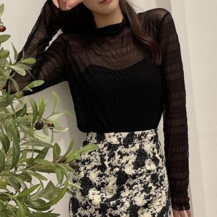 送料無料 ★即納★ 絶妙な透け感 シアートップス 総レース シースルー 肌見せ 重ね着 シアー トップス レディース★ブラック/A拍卖