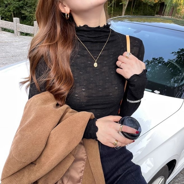 送料無料 ★即納★ 絶妙な透け感 シアートップス 総レース シースルー 肌見せ 重ね着 シアー トップス レディース★ブラック/E拍卖