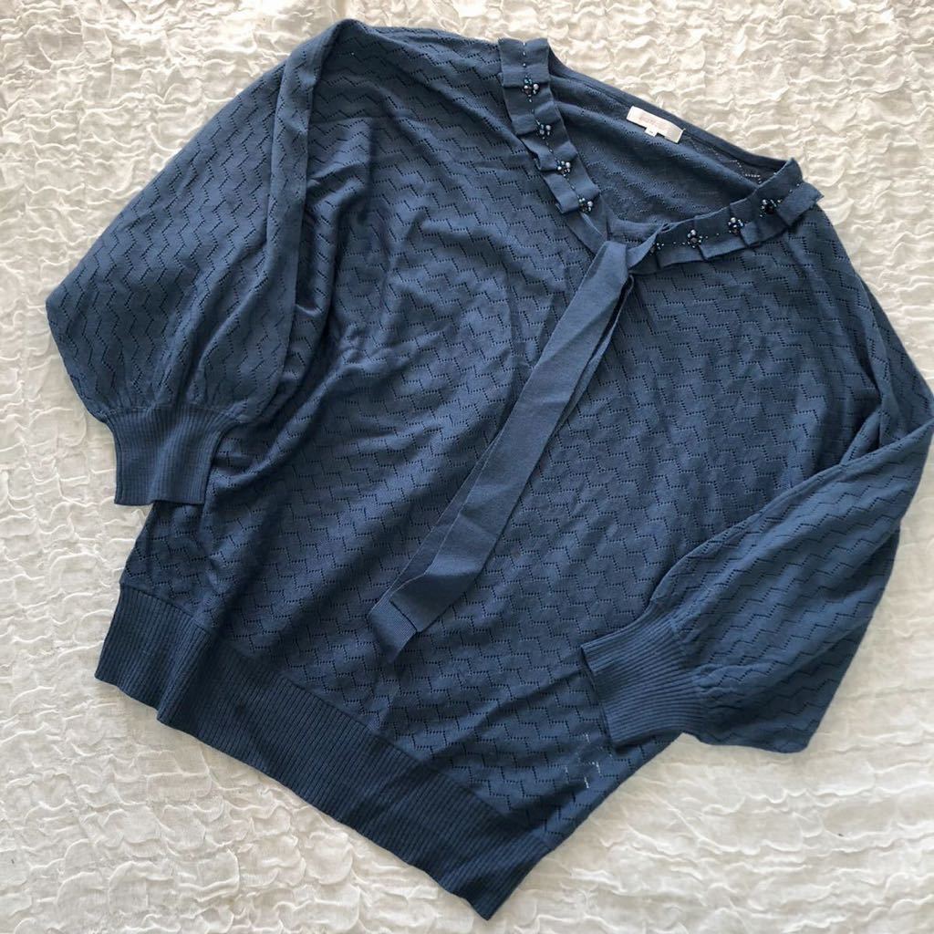 and N closet アンドエヌクローゼット 透かし編み リボンタイ ビーズ 長袖 ドルマンスリーブ ニット 薄地 青緑 38 ★1000拍卖