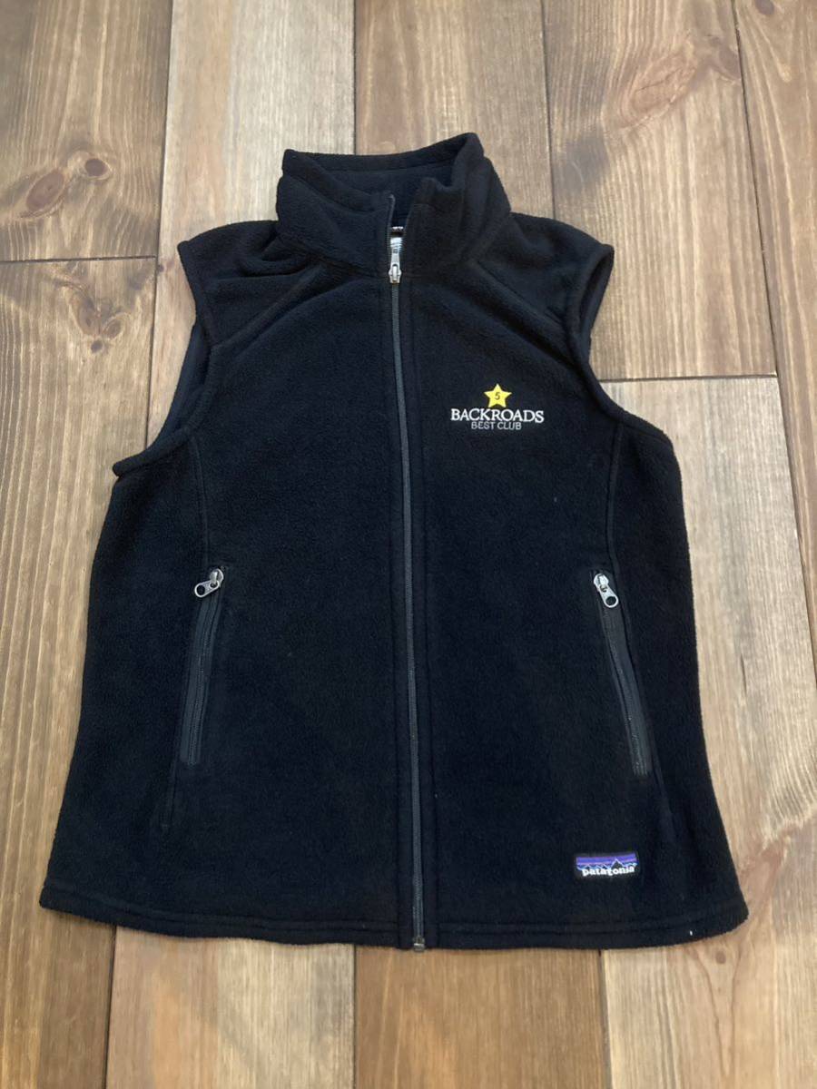 古着 パタゴニア ジップアップフリースベスト 企業刺繍 黒Mアウトドア フルジップ拍卖