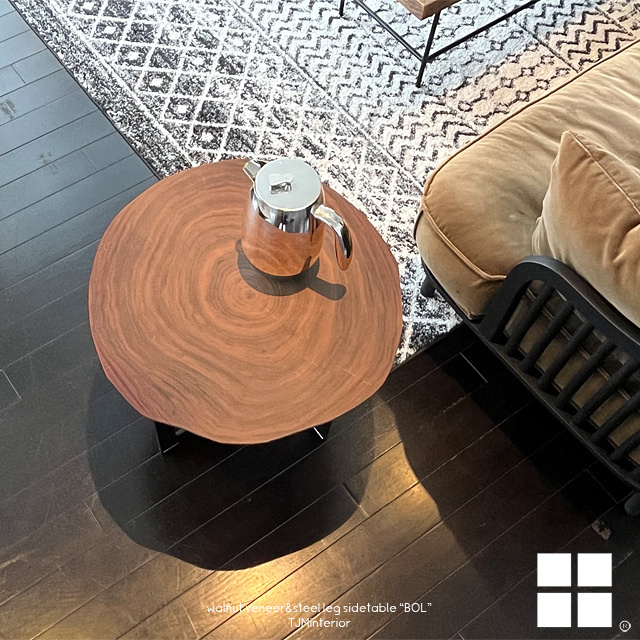 【送料無料】ボル BOL サイドテーブル 輪切り 丸太 サブテーブル ソファテーブル ウォールナット突板 スチール アイアン拍卖