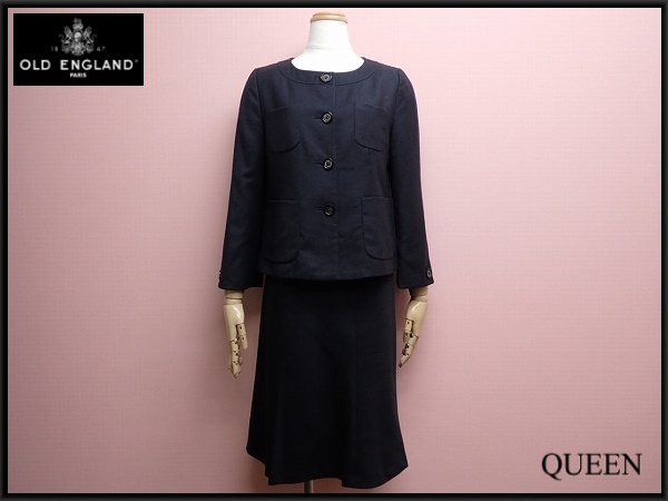 OLD ENGLAND カシミヤ混 スカートスーツ・36□オールドイングランド/キャリア/ノーカラージャケット/23*11*3-4拍卖