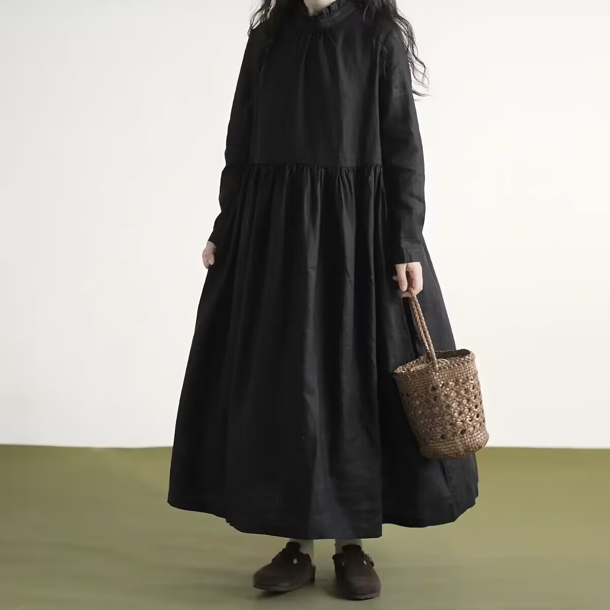 「同梱1万円送料無料」秋*新作*カジュアル*オシャレ*ゆったり大きいサイズ*体型カバー*リンネル*無地*長袖ロングワンピース*M~XXL*拍卖
