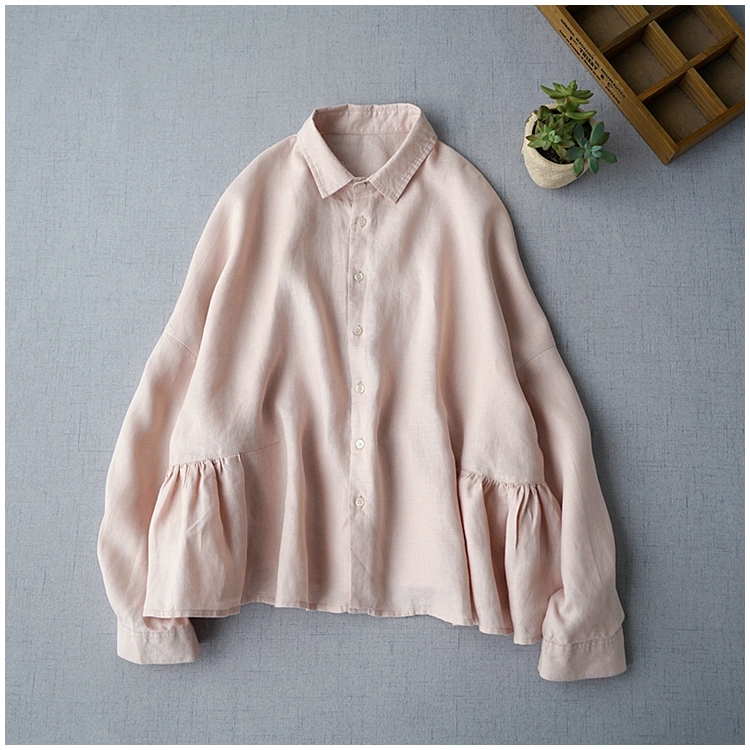 「同梱1万円送料無料」春*新作**カジュアル*20304050代*ナチュラル*綿麻無地*ゆったり大きいサイズ*長袖*シャツブラウス*L~XL ピンク拍卖