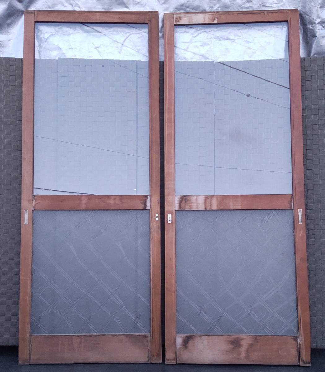 引取り限定 176cm×68cm 鍵付 木製 ガラス戸 引き戸 渦巻柄入り 扉 2枚セット 店舗 カフェ 昭和 レトロ 引戸 古民家 アンティーク C拍卖