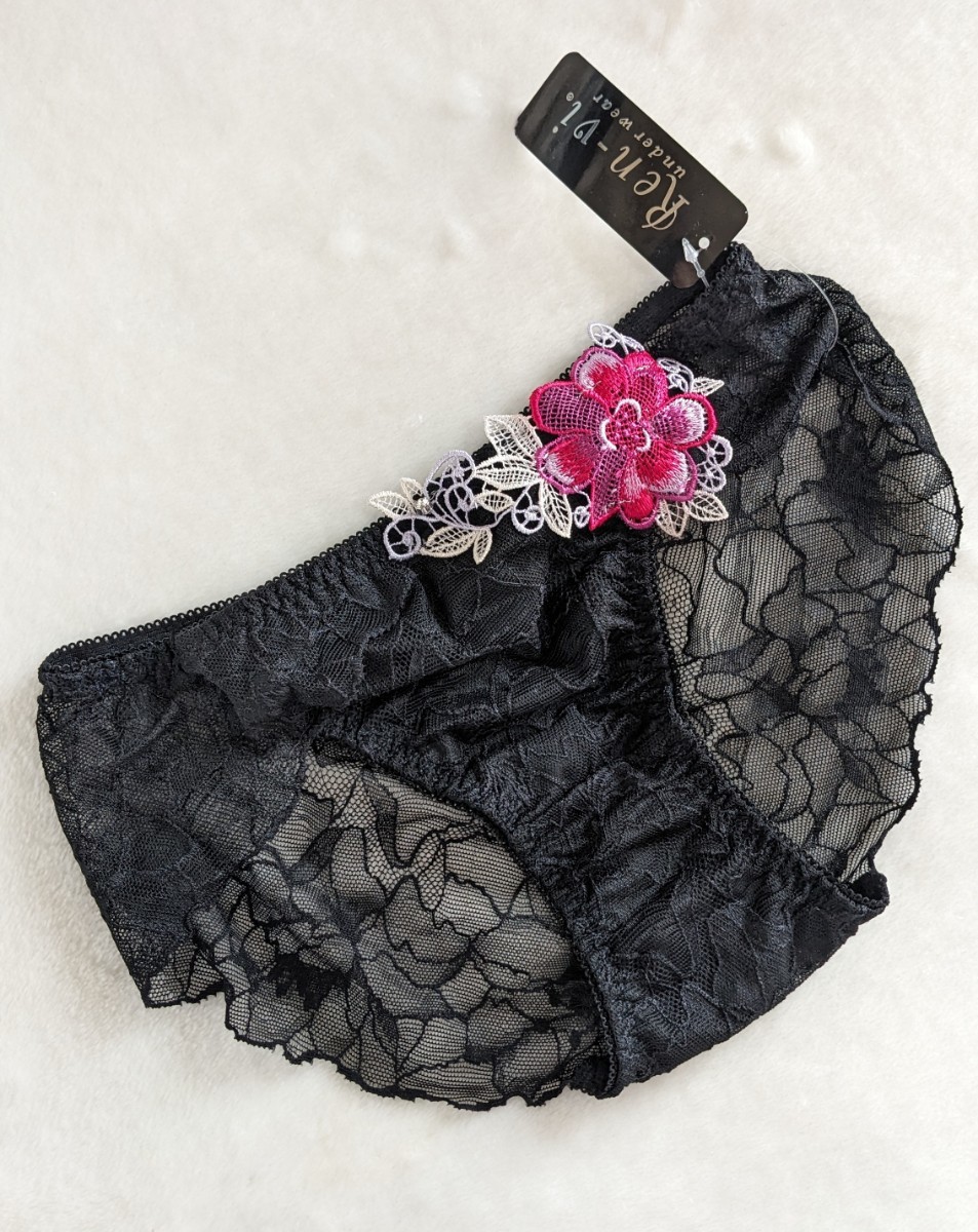 お泊まりに☆セクシーパンティ未使用M☆お花モチーフ☆麗しレース☆ブラック☆Ren-vi☆匿名配送可☆タグあり☆拍卖