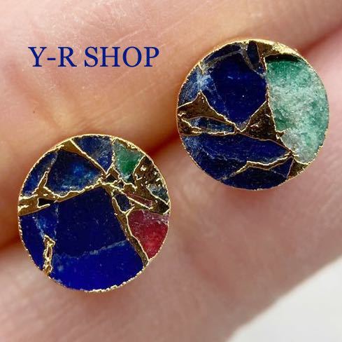 天然石加工品★マルチカラーストーンのゴールド加工ピアス★レディースルビーサファイアエメラルドエスニックインドジュエリー新品宝石Y-R拍卖