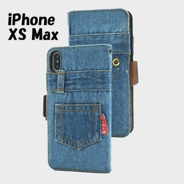 iPhone XS Max:ウォッシュ ダメージ ジーンズ デニム 手帳型ケース★ブルー 青拍卖