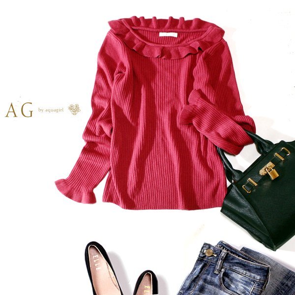 ☆☆ 美品 (株)ワールド AG by アクアガール ☆☆ 大人可愛い リブストレッチ フリルニット プルオーバー M 春 秋 合服 23D10拍卖