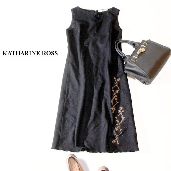 ☆☆ 美品 KATHARINE ROSS キャサリンロス ☆☆ ウール100% フラノストレッチ 刺繍入り 綺麗め ワンピース F 秋 冬 23D10拍卖