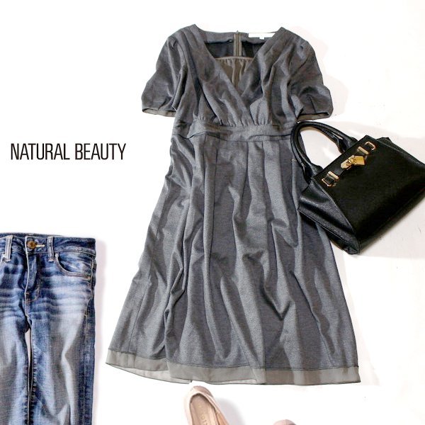 ☆☆ 美品 NATURAL BEAUTY ナチュラルビューティー ☆☆ 綺麗め 裾シフォン ジャージーストレッチ ワンピース 36号 S 春 夏 23D10拍卖