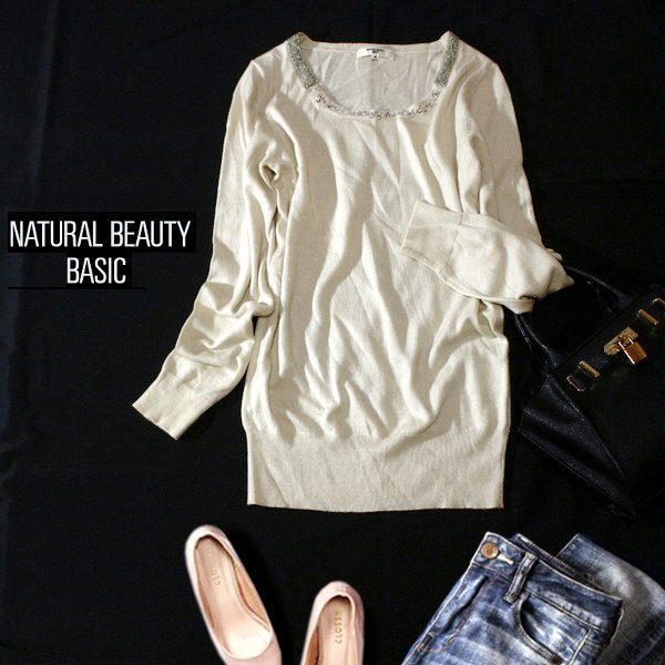☆☆ 美品 NATURAL BEAUTY BASIC ナチュラルビューティーベーシック ☆☆ 上品綺麗め ビーズ付き ニット プルオーバー M 春 秋 合服 23B11拍卖