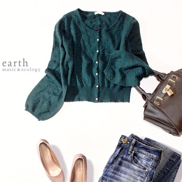 ☆ 美品 earth music & ecology アースミュージック&エコロジー ☆ 可愛いリボン ウール混紡 ニット カーディガン M 春 秋 合服 23A12拍卖