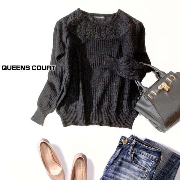 ☆☆ 美品 QUEENS COURT クイーンズコート ☆☆ シフォン刺繍切り替え 厚手ニット セーター 2号 M 秋 冬 23A12拍卖