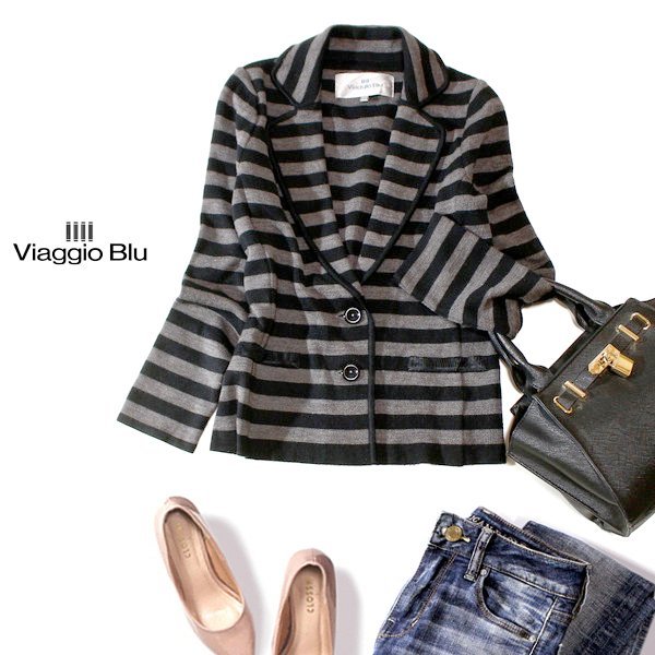 ☆☆ 美品 Viaggio Blu ビアッジョブルー ☆☆ 可愛いボーダー柄 ミラノリブ ストレッチ ウールジャケット 1号 S 春 秋 合服 23D11拍卖