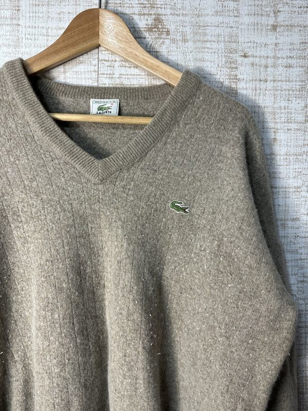 ☆US古着 LACOSTE ラコステ Vネック セーター ニット ワニロゴ 刺繍 ベージュ茶系【Lくらい】ウールレーヨン ◆4154◆拍卖