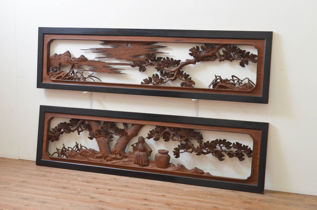 R-068409 アンティーク建具 井波彫刻 横山一夢作 欅(ケヤキ)材 大振りの彫刻欄間1対2枚セット(明り取り、明かり取り)拍卖