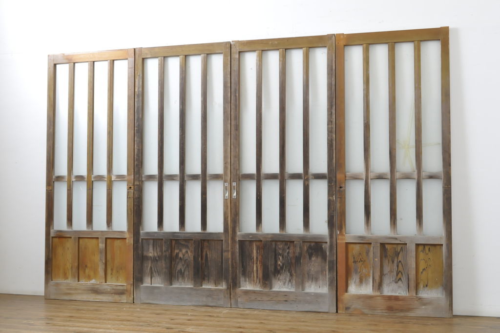 R-063154 アンティーク建具 経年を感じる風合いが魅力のガラス戸4枚セット(玄関戸、引き戸、建具)(R-063154)拍卖